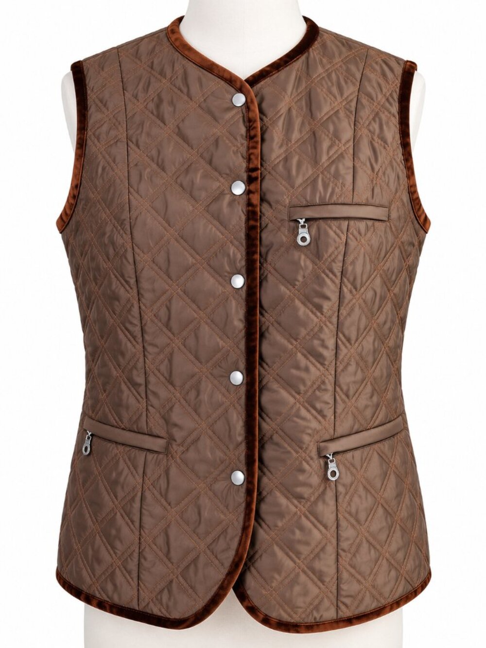 LANVIN Designer Womens Quilted Vest Brown Snap Front Zip Pockets Vintage D4V5251